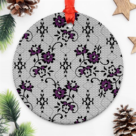 Elegant Purple Floral Jacquard Mesh Lace Fabric Round Ornament (Two Sides) from ArtsNow.com Front