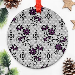 Elegant Purple Floral Jacquard Mesh Lace Fabric Round Ornament (Two Sides) from ArtsNow.com Front