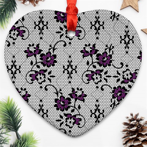 Elegant Purple Floral Jacquard Mesh Lace Fabric Heart Ornament (Two Sides) from ArtsNow.com Front