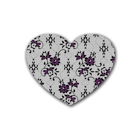 Elegant Purple Floral Jacquard Mesh Lace Fabric Rubber Heart Coaster (4 pack) from ArtsNow.com Front