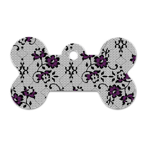 Elegant Purple Floral Jacquard Mesh Lace Fabric Dog Tag Bone (One Side) from ArtsNow.com Front