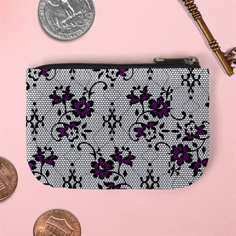 Elegant Purple Floral Jacquard Mesh Lace Fabric Mini Coin Purse from ArtsNow.com Back