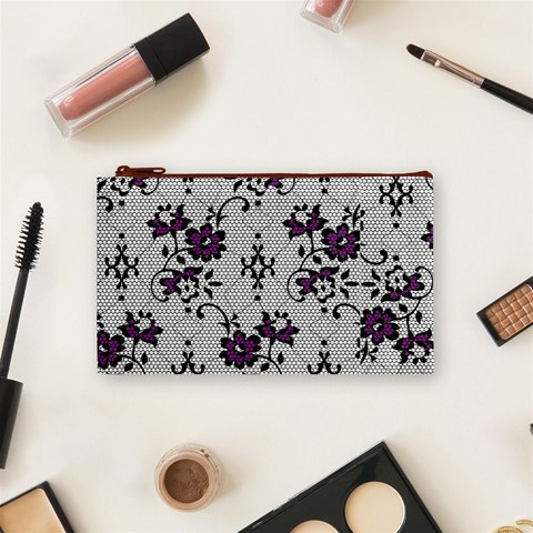 Elegant Purple Floral Jacquard Mesh Lace Fabric Cosmetic Bag (Small) from ArtsNow.com Front