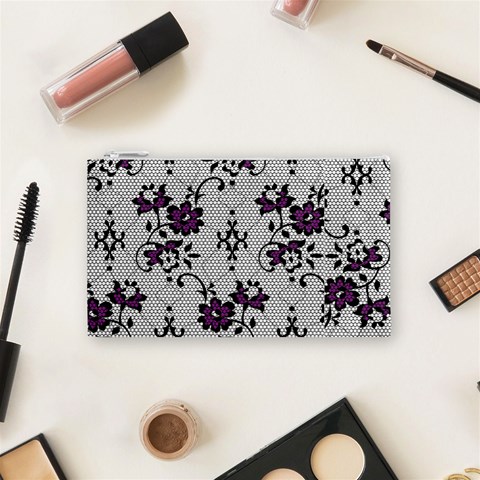 Elegant Purple Floral Jacquard Mesh Lace Fabric Cosmetic Bag (Small) from ArtsNow.com Front