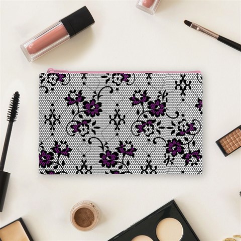 Elegant Purple Floral Jacquard Mesh Lace Fabric Cosmetic Bag (Medium) from ArtsNow.com Front