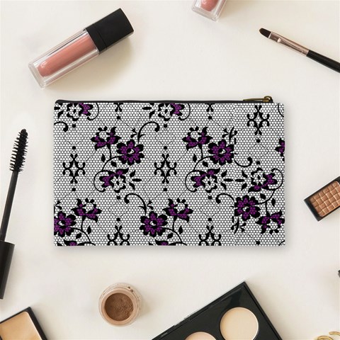 Elegant Purple Floral Jacquard Mesh Lace Fabric Cosmetic Bag (Medium) from ArtsNow.com Back