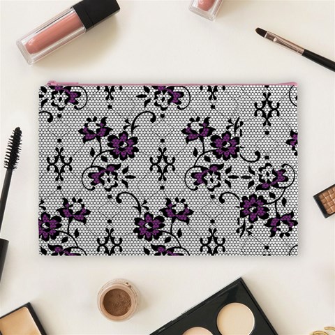 Elegant Purple Floral Jacquard Mesh Lace Fabric Cosmetic Bag (Large) from ArtsNow.com Front