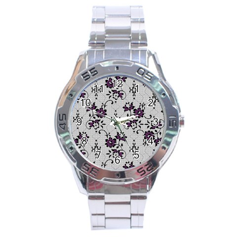 Elegant Purple Floral Jacquard Mesh Lace Fabric Stainless Steel Analogue Watch from ArtsNow.com Front