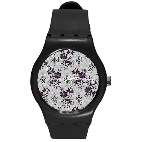 Elegant Purple Floral Jacquard Mesh Lace Fabric Round Plastic Sport Watch (M) from ArtsNow.com Front