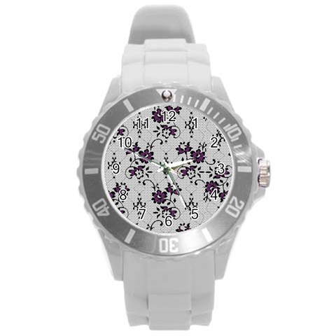 Elegant Purple Floral Jacquard Mesh Lace Fabric Round Plastic Sport Watch (L) from ArtsNow.com Front