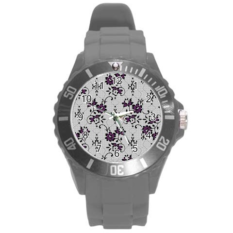 Elegant Purple Floral Jacquard Mesh Lace Fabric Round Plastic Sport Watch (L) from ArtsNow.com Front