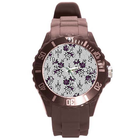 Elegant Purple Floral Jacquard Mesh Lace Fabric Round Plastic Sport Watch (L) from ArtsNow.com Front