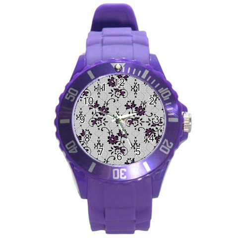 Elegant Purple Floral Jacquard Mesh Lace Fabric Round Plastic Sport Watch (L) from ArtsNow.com Front