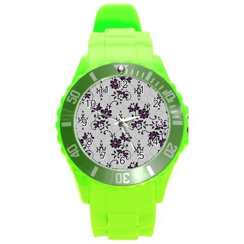 Elegant Purple Floral Jacquard Mesh Lace Fabric Round Plastic Sport Watch (L) from ArtsNow.com Front