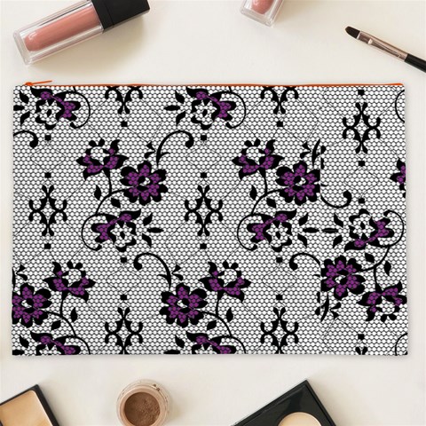 Elegant Purple Floral Jacquard Mesh Lace Fabric Cosmetic Bag (XXL) from ArtsNow.com Front