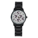 Elegant Purple Floral Jacquard Mesh Lace Fabric Stainless Steel Round Watch