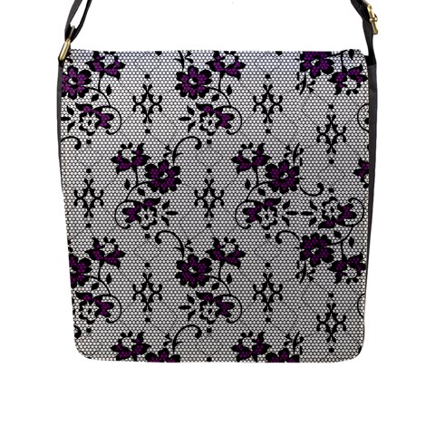 Elegant Purple Floral Jacquard Mesh Lace Fabric Flap Closure Messenger Bag (L) from ArtsNow.com Front