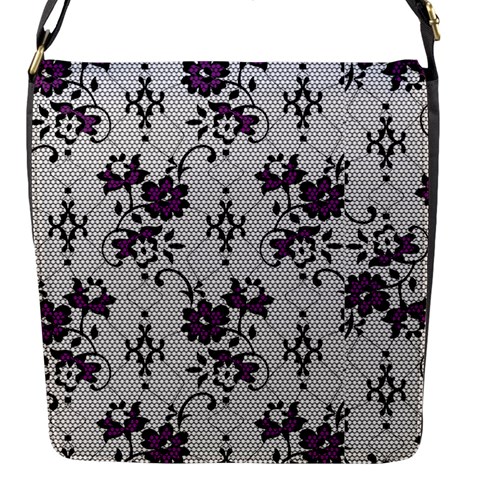 Elegant Purple Floral Jacquard Mesh Lace Fabric Flap Closure Messenger Bag (S) from ArtsNow.com Front