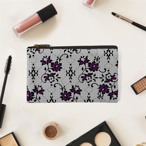 Elegant Purple Floral Jacquard Mesh Lace Fabric Cosmetic Bag (XS) from ArtsNow.com Front