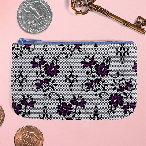 Elegant Purple Floral Jacquard Mesh Lace Fabric Large Coin Purse from ArtsNow.com Front