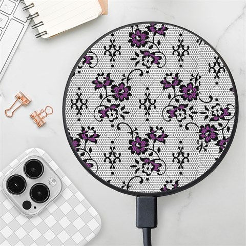 Elegant Purple Floral Jacquard Mesh Lace Fabric Wireless Fast Charger(Black) from ArtsNow.com Front