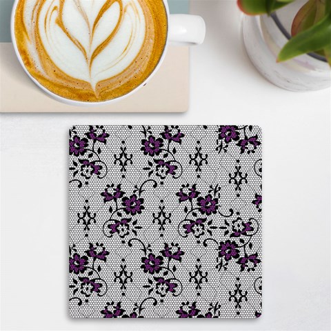 Elegant Purple Floral Jacquard Mesh Lace Fabric UV Print Square Tile Coaster  from ArtsNow.com Front