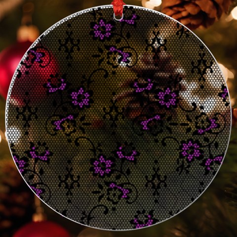 Elegant Purple Floral Jacquard Mesh Lace Fabric UV Print Acrylic Ornament Round from ArtsNow.com Front