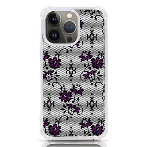 Elegant Purple Floral Jacquard Mesh Lace Fabric iPhone 13 Pro TPU UV Print Case from ArtsNow.com Front