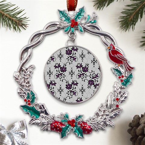 Elegant Purple Floral Jacquard Mesh Lace Fabric Metal X mas Wreath Holly leaf Ornament from ArtsNow.com Front