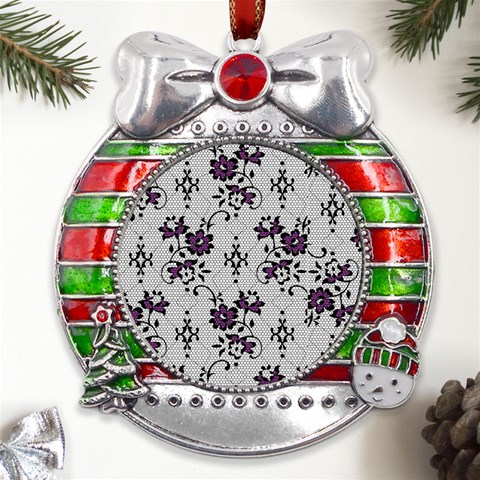 Elegant Purple Floral Jacquard Mesh Lace Fabric Metal X Mas Ribbon With Red Crystal Round Ornament from ArtsNow.com Front