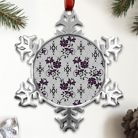 Elegant Purple Floral Jacquard Mesh Lace Fabric Metal Small Snowflake Ornament from ArtsNow.com Front