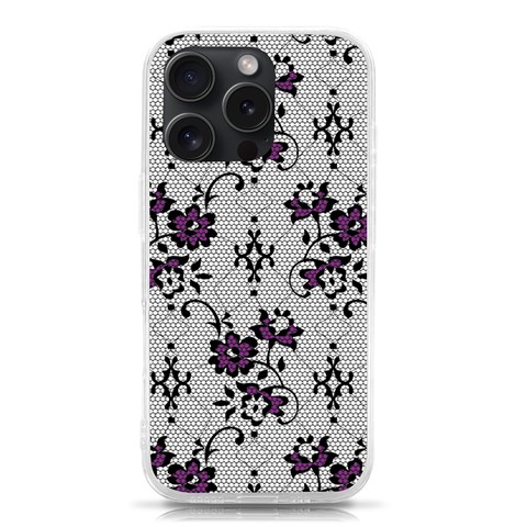 Elegant Purple Floral Jacquard Mesh Lace Fabric iPhone 15 Pro TPU UV Print Case from ArtsNow.com Front