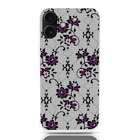 Elegant Purple Floral Jacquard Mesh Lace Fabric iPhone 16 Plus TPU UV Print Case from ArtsNow.com Front