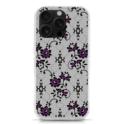 Elegant Purple Floral Jacquard Mesh Lace Fabric iPhone 16 Pro TPU UV Print Case from ArtsNow.com Front