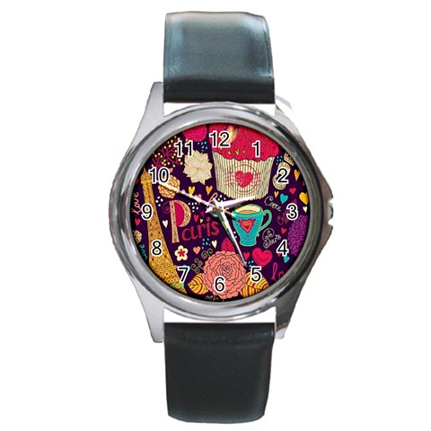 Collage Worx Black Collage Cupcake Eifel Tower Fireworks Paris Round Metal Watch from ArtsNow.com Front