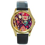 Collage Worx Black Collage Cupcake Eifel Tower Fireworks Paris Round Gold Metal Watch