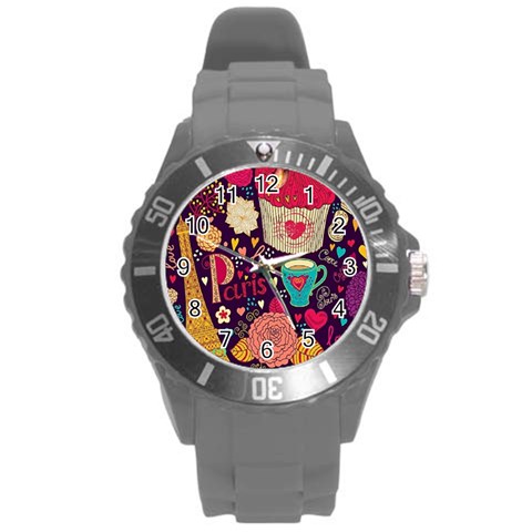 Collage Worx Black Collage Cupcake Eifel Tower Fireworks Paris Round Plastic Sport Watch (L) from ArtsNow.com Front