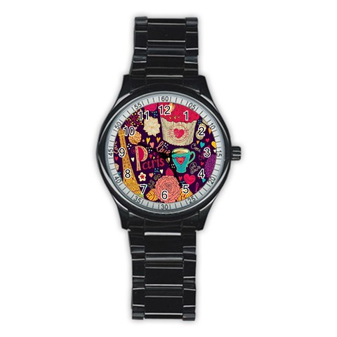 Collage Worx Black Collage Cupcake Eifel Tower Fireworks Paris Stainless Steel Round Watch from ArtsNow.com Front