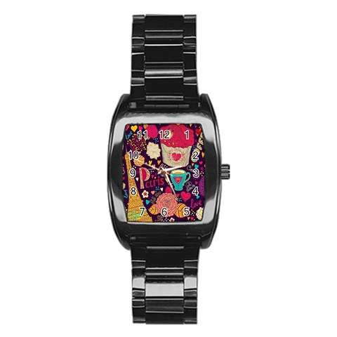 Collage Worx Black Collage Cupcake Eifel Tower Fireworks Paris Stainless Steel Barrel Watch from ArtsNow.com Front