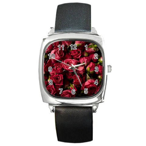 Floral Buds Of Roses Beautiful Flowers Square Metal Watch from ArtsNow.com Front