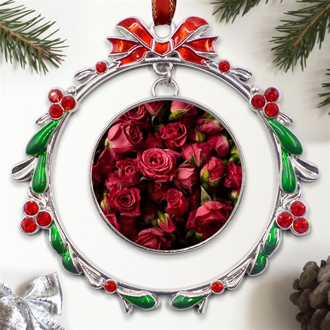 Floral Buds Of Roses Beautiful Flowers Metal X mas Wreath Ribbon Ornament from ArtsNow.com Front