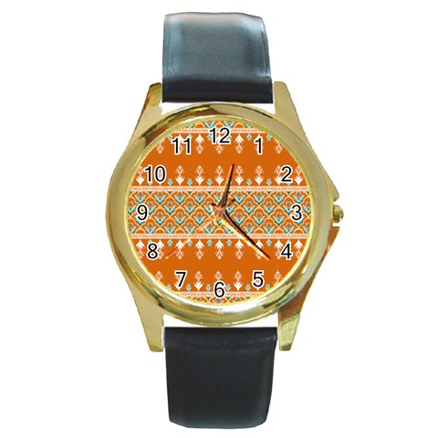 Winter Wonderland Seamless Pattern: Christmas Trees & Snowflakes on Dark Background Round Gold Metal Watch from ArtsNow.com Front