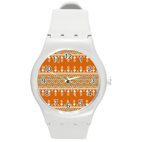 Winter Wonderland Seamless Pattern: Christmas Trees & Snowflakes on Dark Background Round Plastic Sport Watch (M) from ArtsNow.com Front