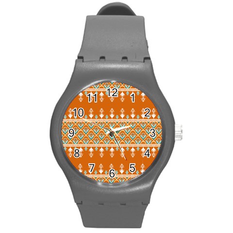 Winter Wonderland Seamless Pattern: Christmas Trees & Snowflakes on Dark Background Round Plastic Sport Watch (M) from ArtsNow.com Front