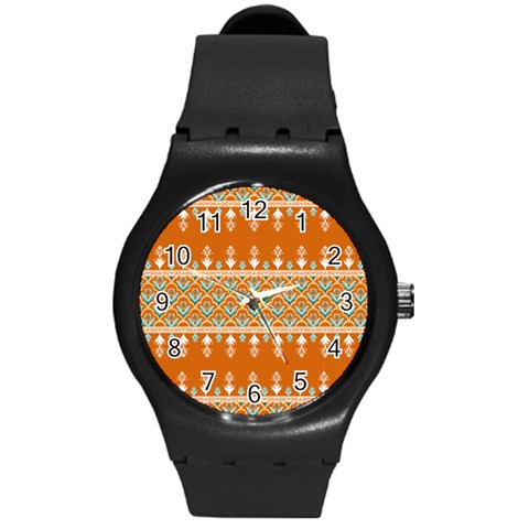 Winter Wonderland Seamless Pattern: Christmas Trees & Snowflakes on Dark Background Round Plastic Sport Watch (M) from ArtsNow.com Front