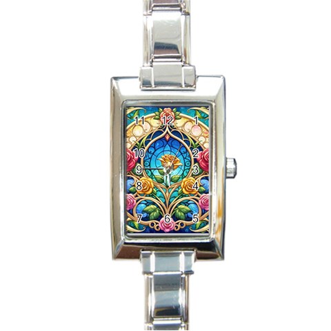 Roses Floral Stained Glass Vibrant Rectangle Italian Charm Watch from ArtsNow.com Front