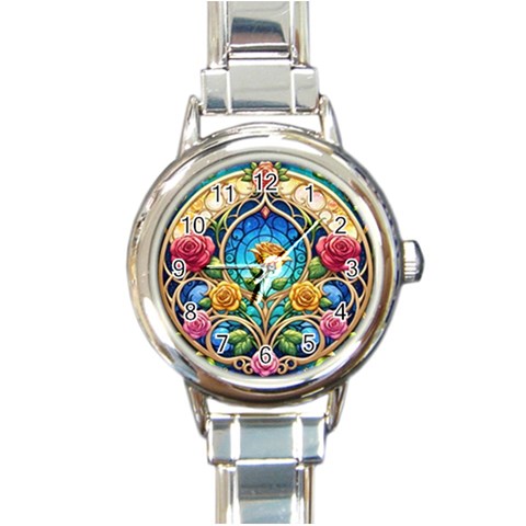 Roses Floral Stained Glass Vibrant Round Italian Charm Watch from ArtsNow.com Front