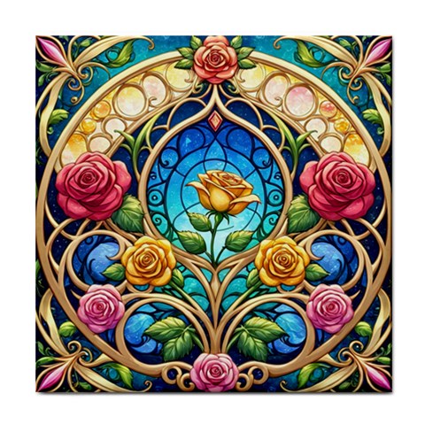 Roses Floral Stained Glass Vibrant Tile Coaster from ArtsNow.com Front