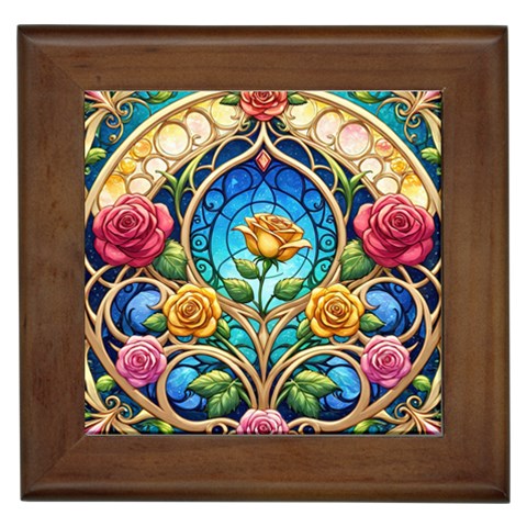 Roses Floral Stained Glass Vibrant Framed Tile from ArtsNow.com Front