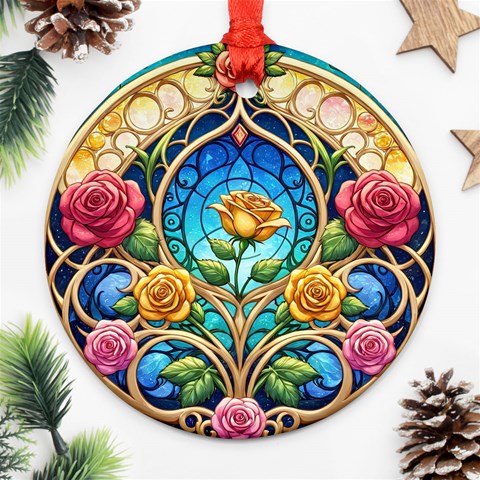 Roses Floral Stained Glass Vibrant Ornament (Round) from ArtsNow.com Front